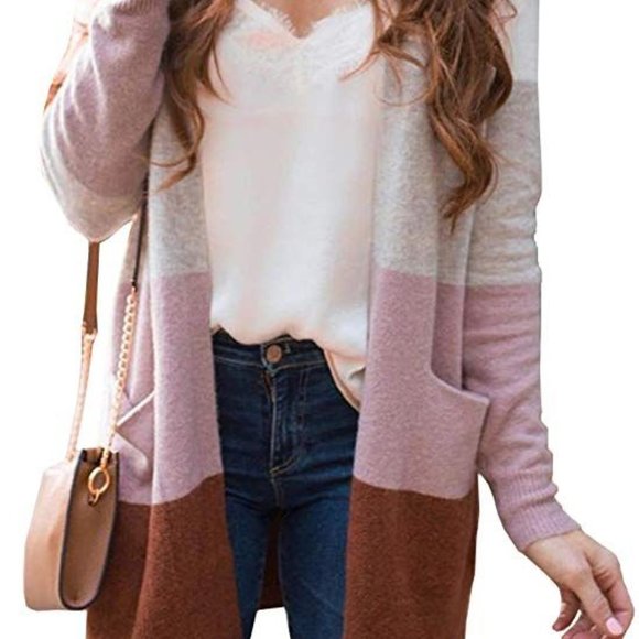 ECOWISH Womens Color Block Striped Cardigan - Picture 1 of 2